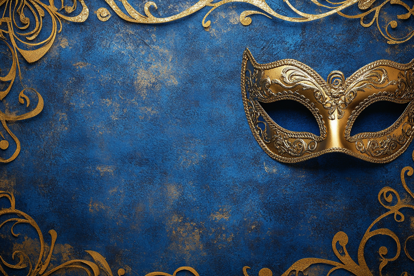 Elegant blue background with gold masquerade mask swirls.