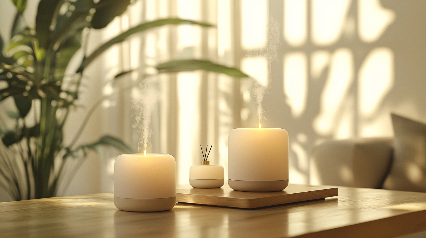 Elegant fragrance diffusers and candles create cozy home atmosphere.