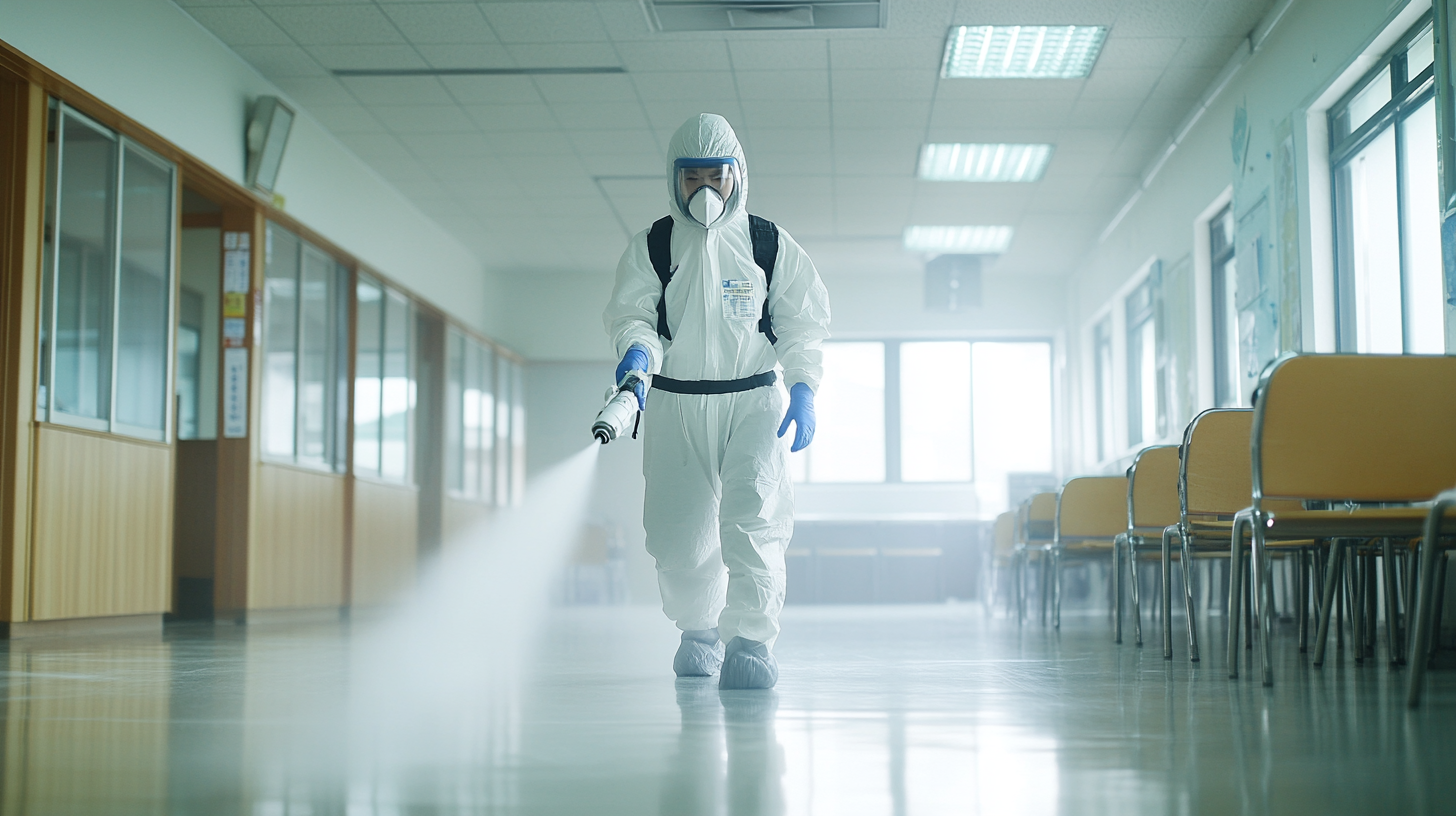 Elementary school sanitized by man in hazmat suit.