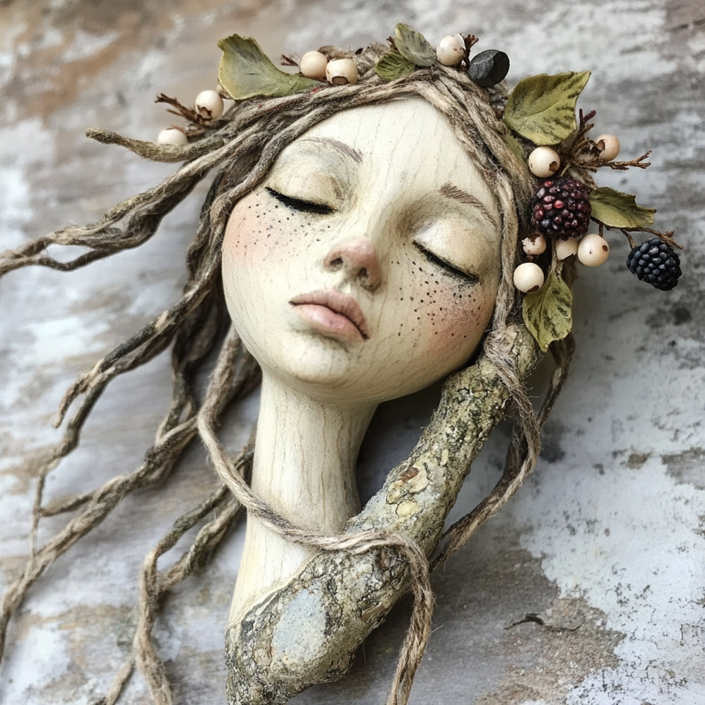 Elven princess puppet made from driftwood, berries, and charcoal.