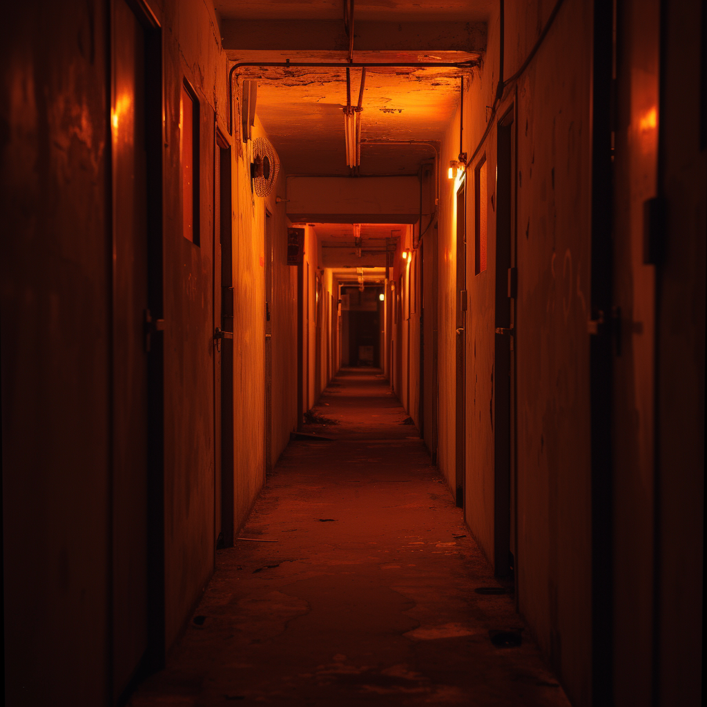 Long, dark hallway with doors in a brutalist apartment building