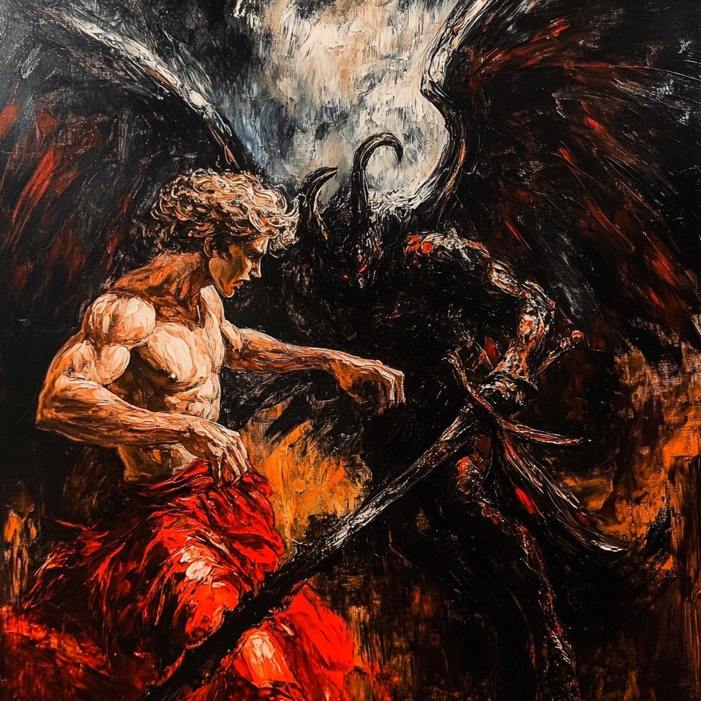 Epic battle between demon and angel with symbols.