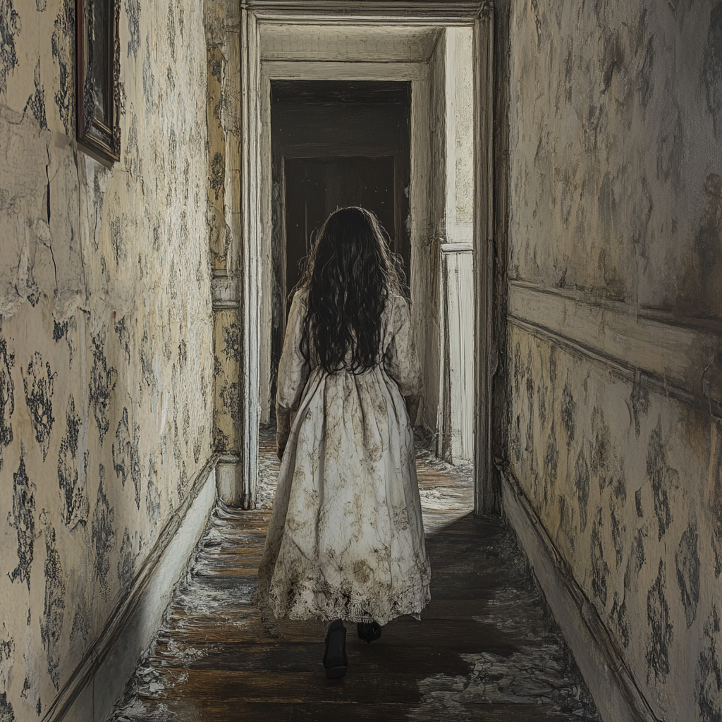 Ethereal child ghost in abandoned asylum, wandering sadly.