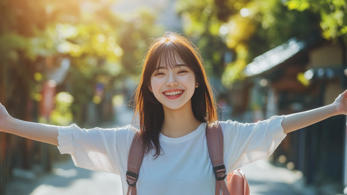 Excited Japanese student in Nagasaki, smiling on street.