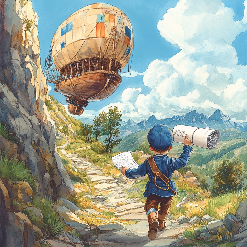 Excited boy in old-timey outfit rushing to airship.