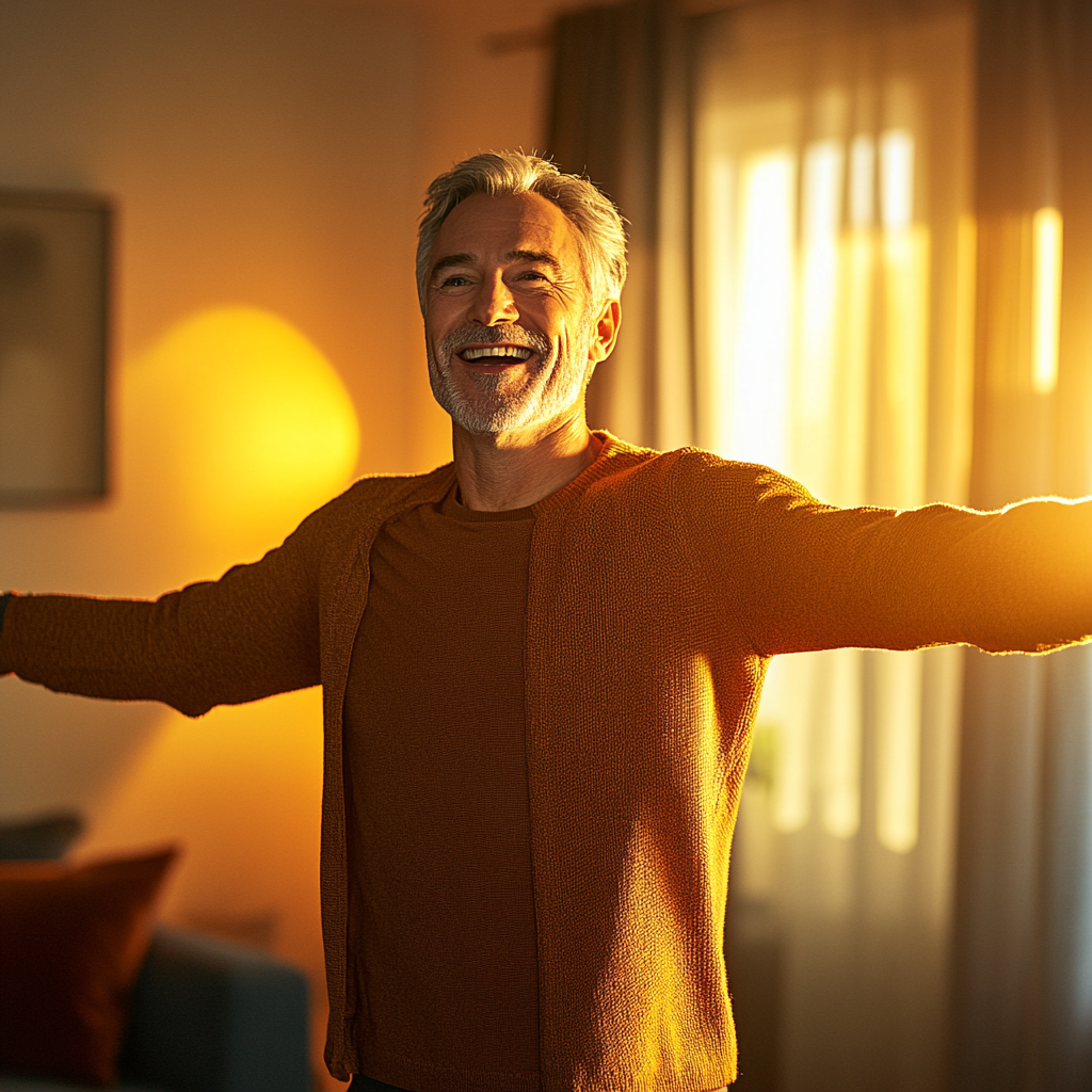 Excited man, age 52, with gray hair, advertising.