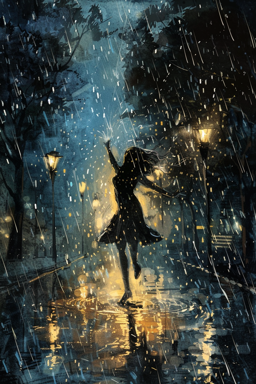 Expression is carefree dancing in rain under stormy sky.