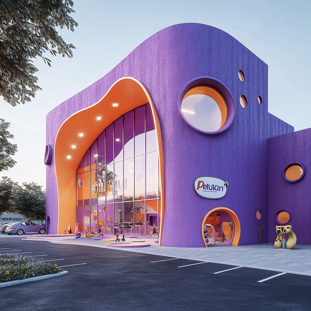 Facade of playful children's playroom, purple and orange colors.