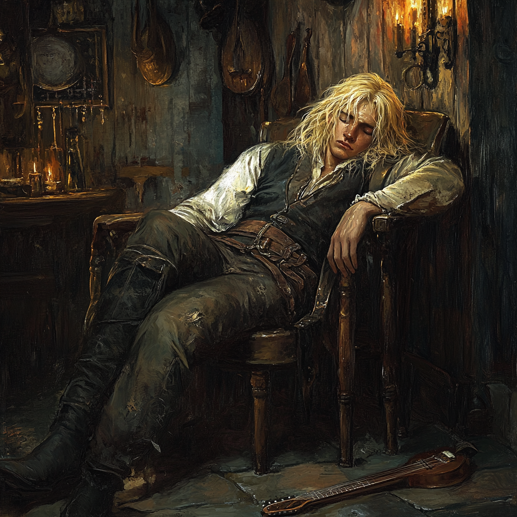 Fantasy book cover with sleeping elf bard.