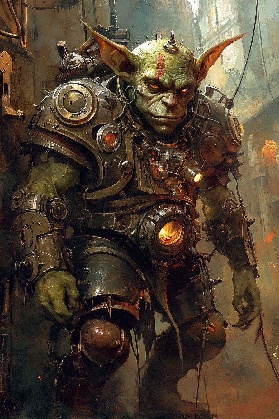 Fantasy goblin warrior in magical armor with gears.