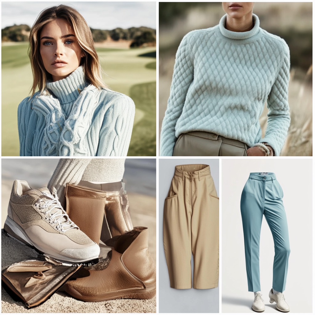 Fashion mood board for golf clothing brand featuring blues, tans, and light greens.