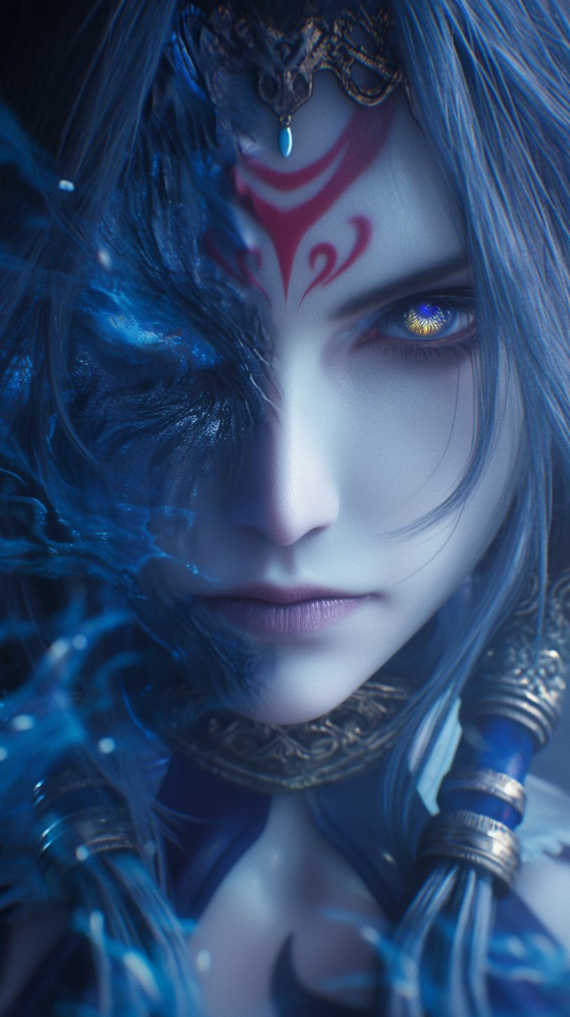 Female Shiva from Final Fantasy X with vivid eyes.