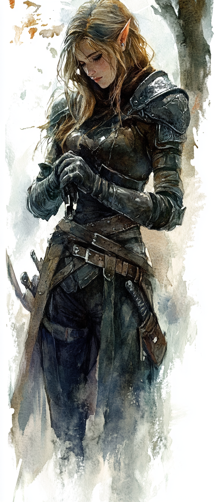 Female elf rogue picking lock in dark fantasy setting.