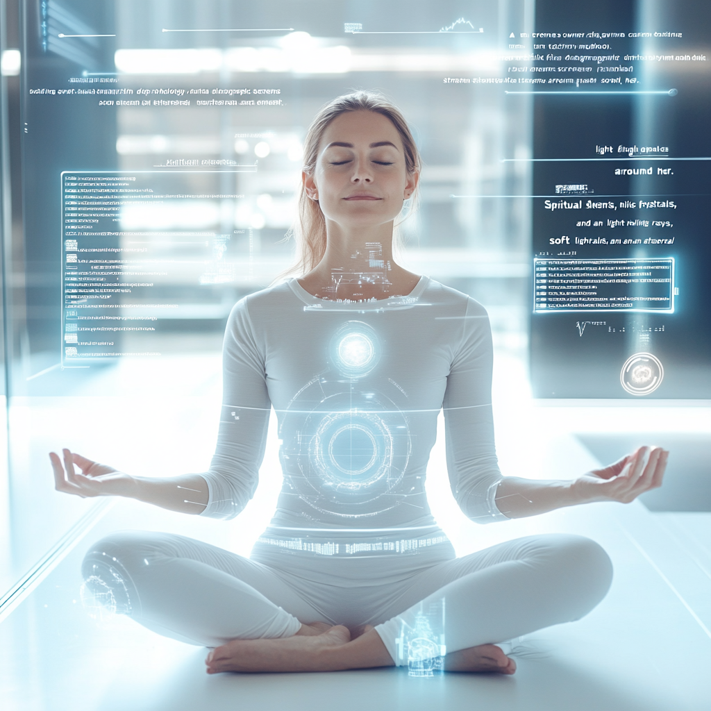 Female entrepreneur meditating surrounded by technology and spirituality.