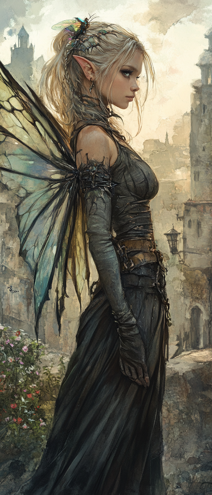 Female fairy with wings exploring eerie medieval cityscape.