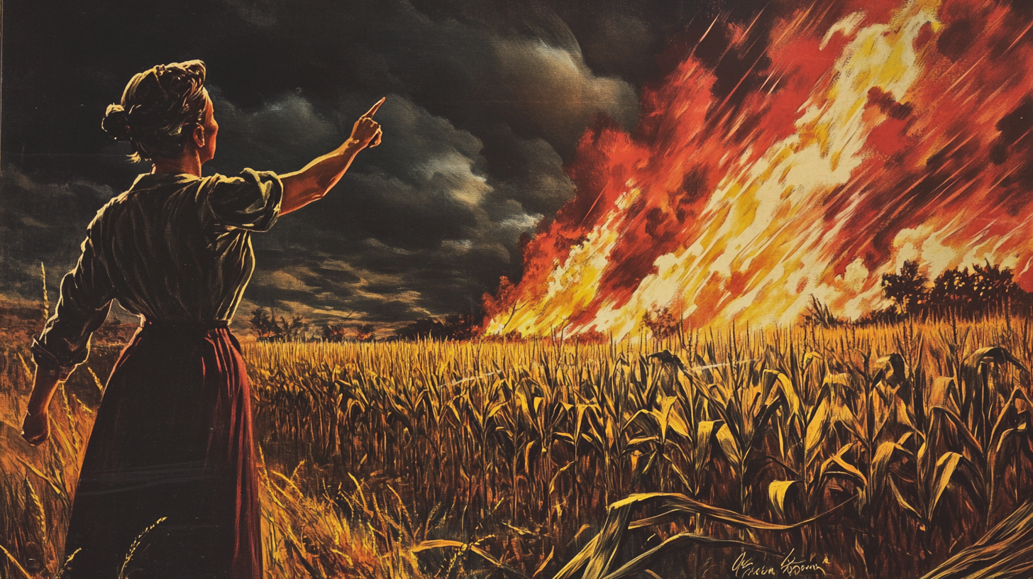 Female farmer pointing at burning corn field in storm.