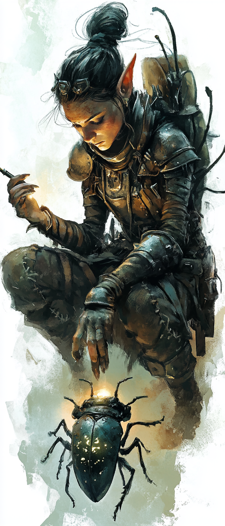 Female goblin tinker drawing runes on mechanical beetle. Ethereal dark fantasy setting.