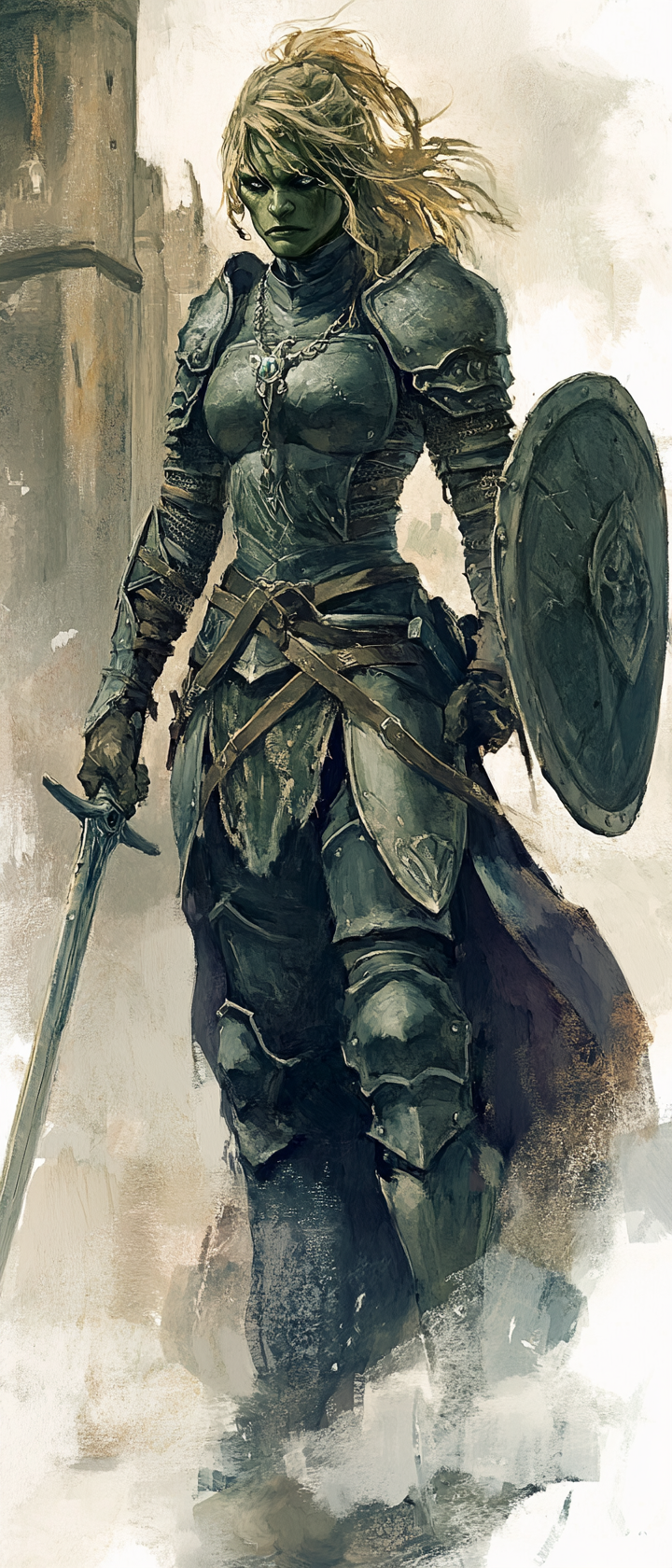 Female half orc fighter in heavy armor with sword