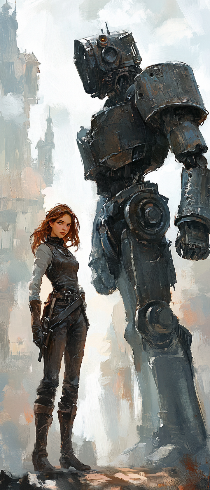 Female in leather armor with mechanical construct companion.