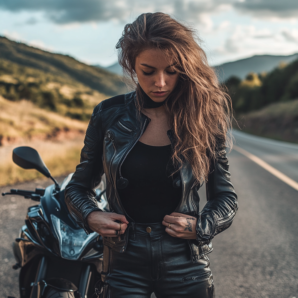 Female motorcyclist dressing with motorcycle on road mockup 