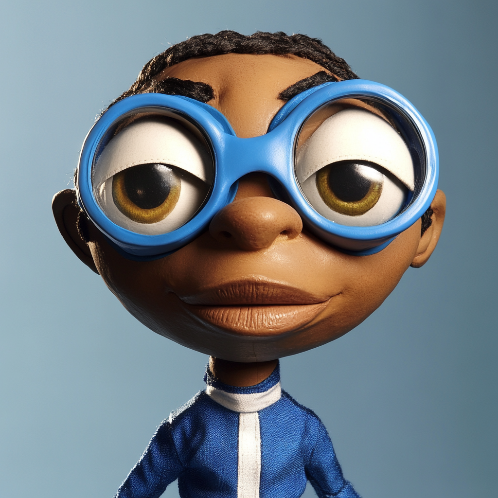 Female superhero puppet with big eyes, blue goggles costume