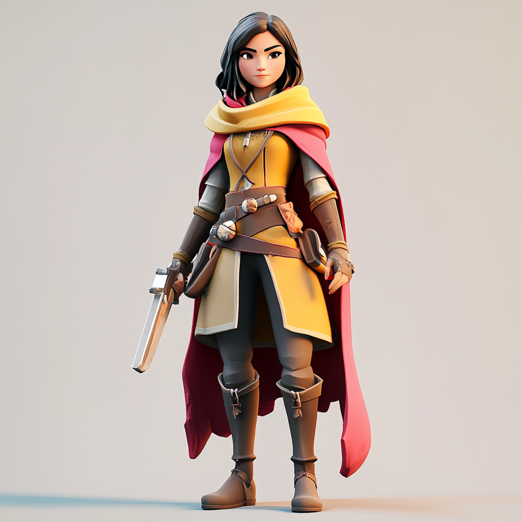 Female warrior in cloak, holds weapon, looks confident.