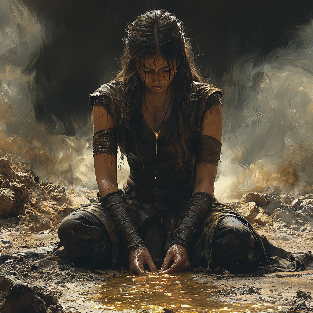 Female warrior kneels in despair, gold liquid flows.