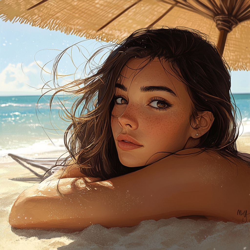 Female with brown hair, dark eyes, lounging beach scene.