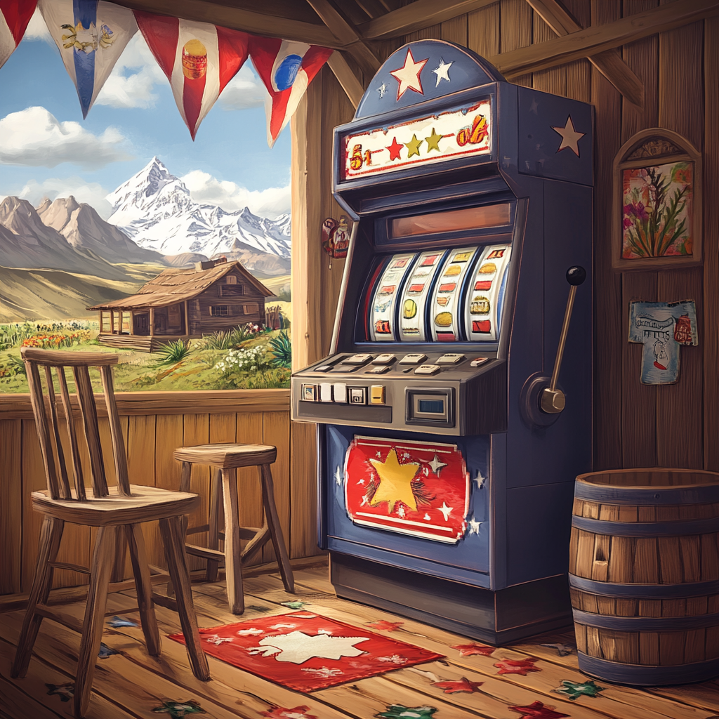 Festive Slot Machine with Chilean Colonial House Background 