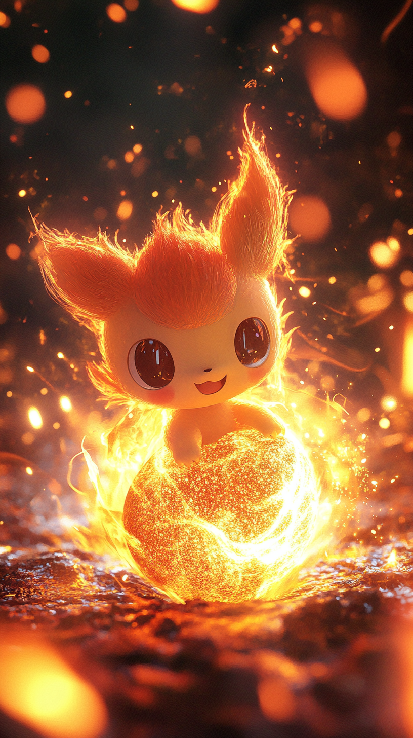 Fiery Chimchar emerging from cracked egg in glowing landscape