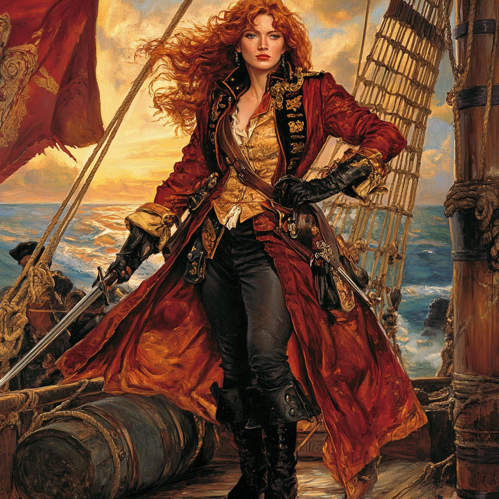 Fiery Pirate Anne Bonny stands confidently on ship deck.