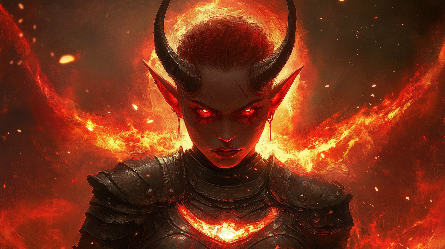 Fiery halo, short horns, armor, red eyes, wings, ears.