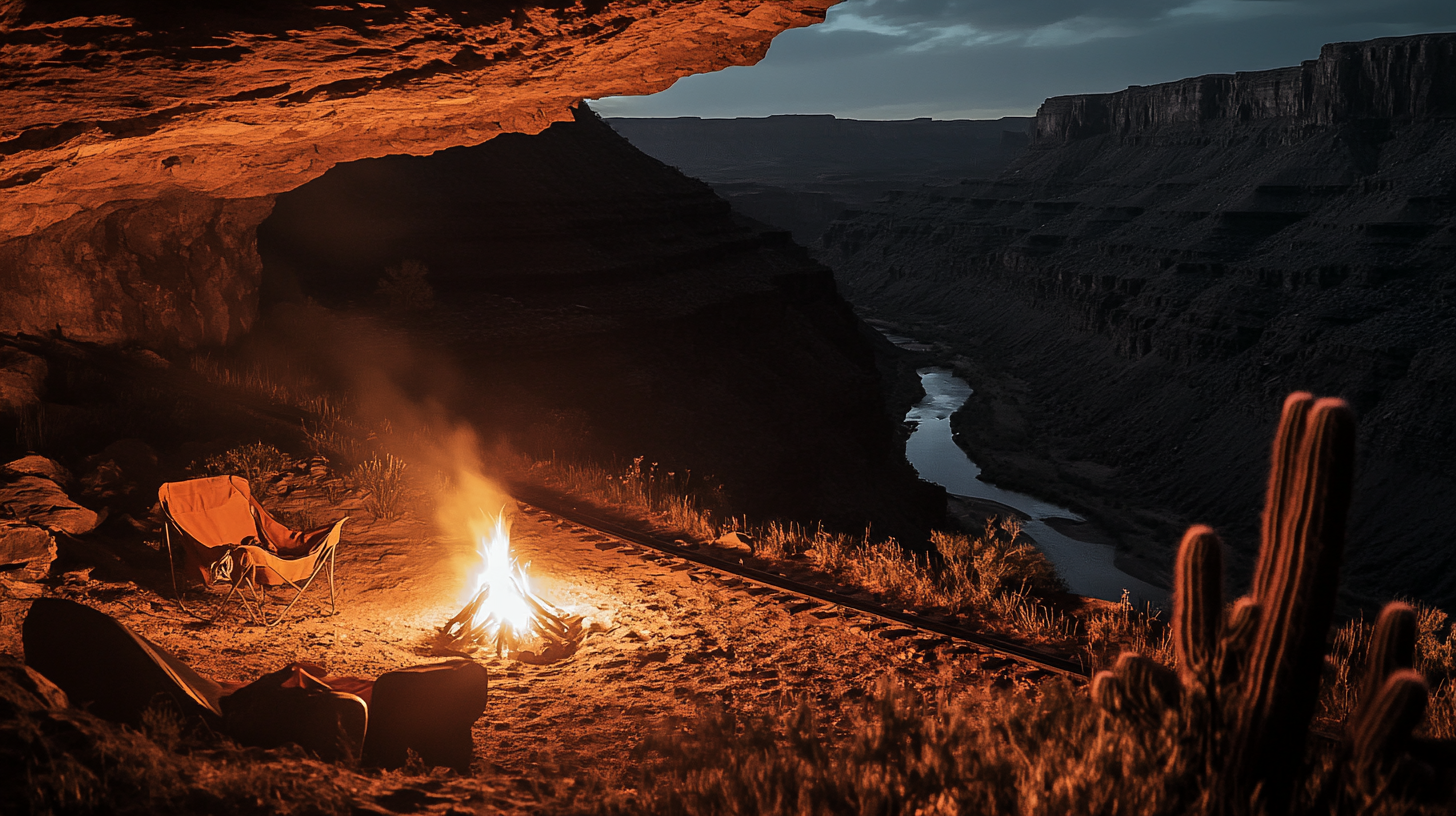 First person view at campfire near mining cavern