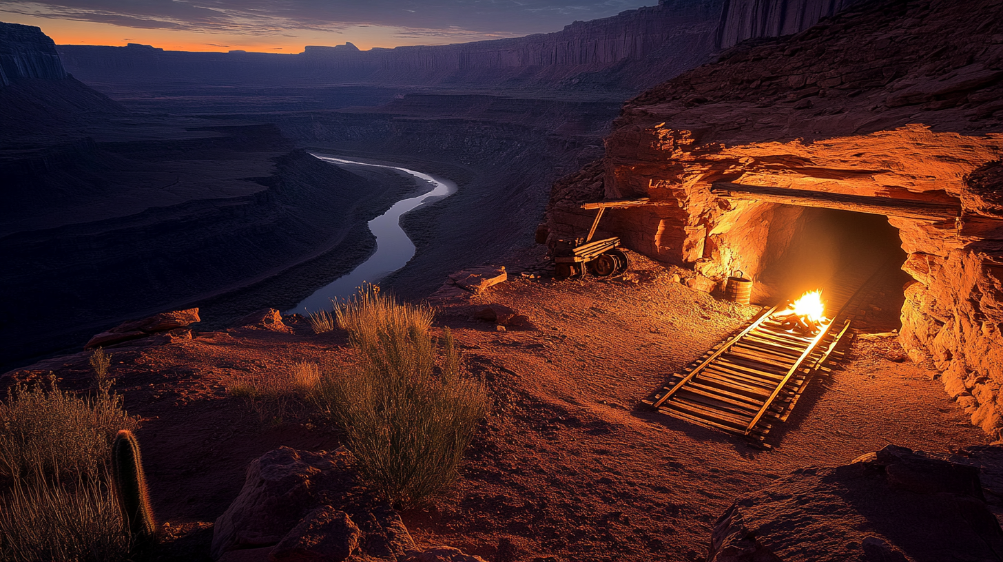 First person view at campfire with old mining cavern