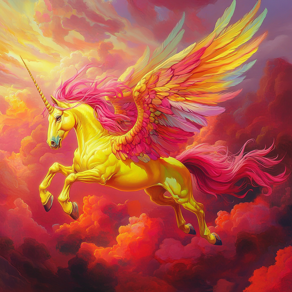 Flying unicorn with long pink hair, colorful big wings.