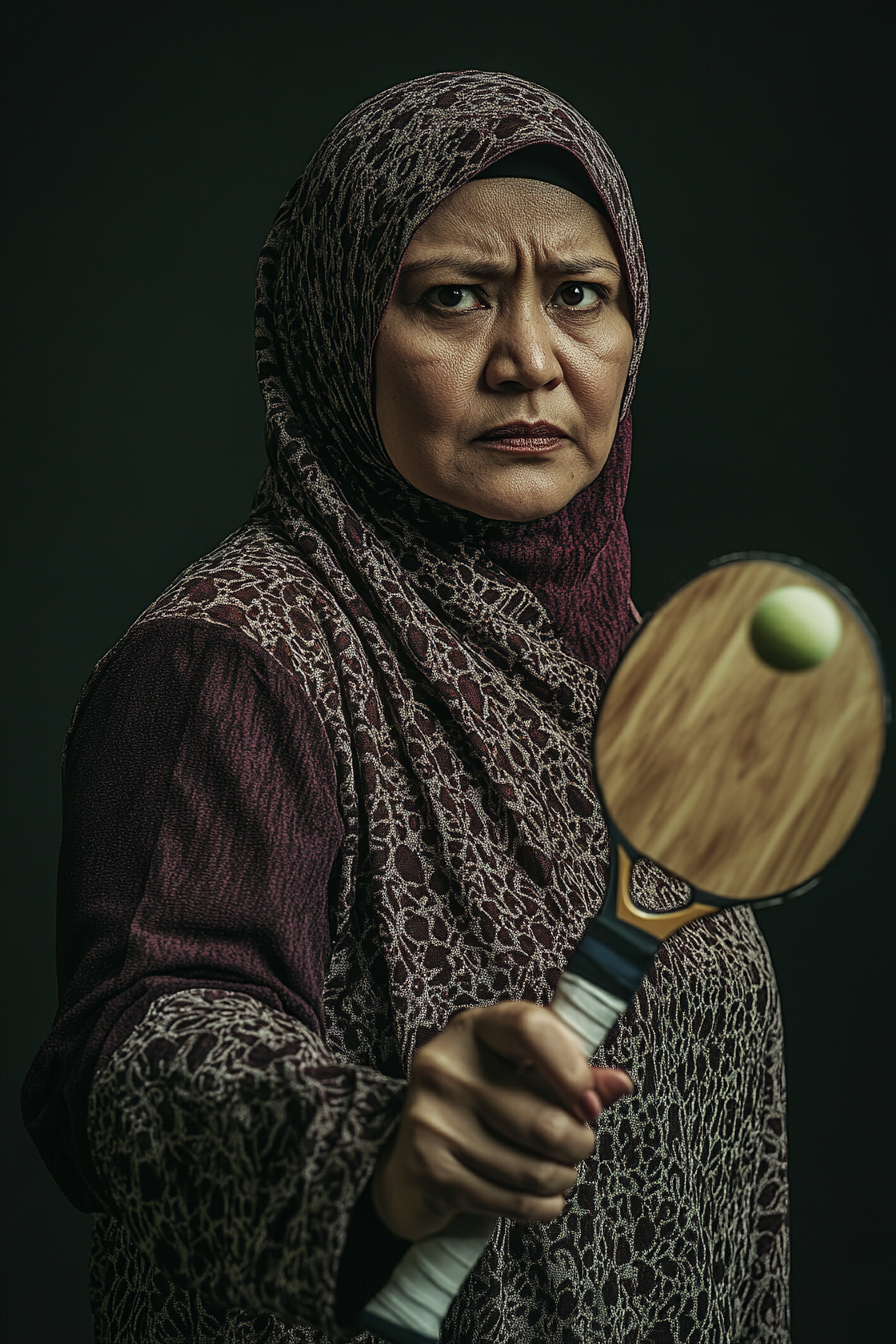 Focused Malay Muslim woman with table tennis bat, serious expression.