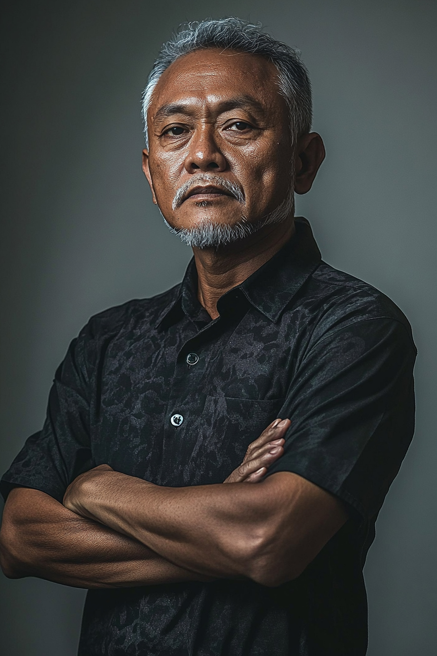 Focused Malay man in running shirt stands aggressively.