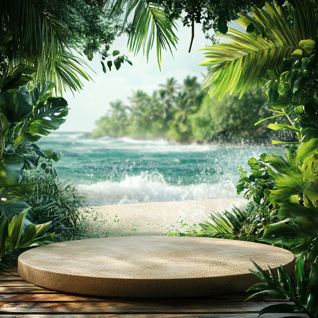 Foreground podium with sand table, sea, forest background. waves.