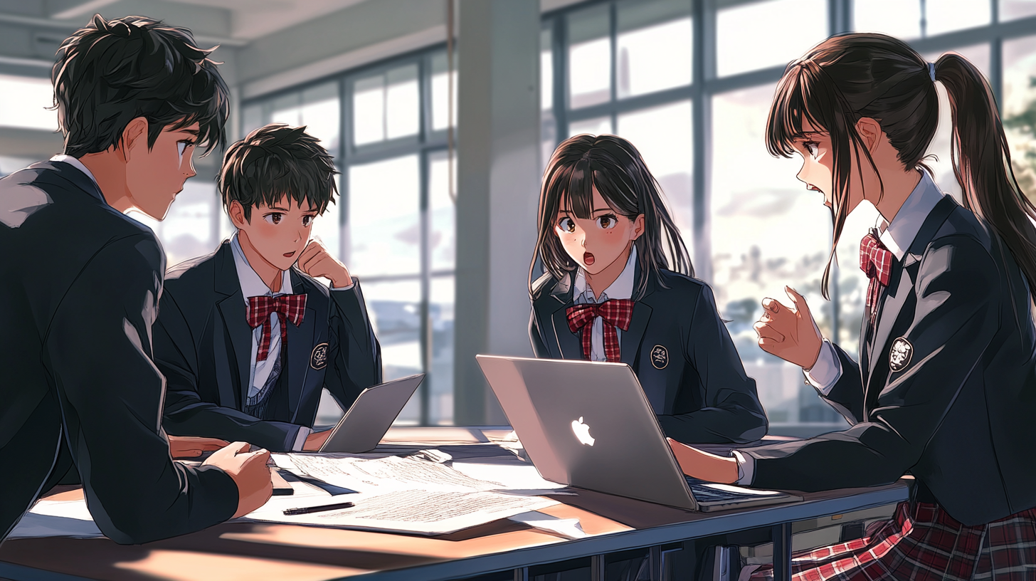 Four Japanese high school students in uniforms discussing project