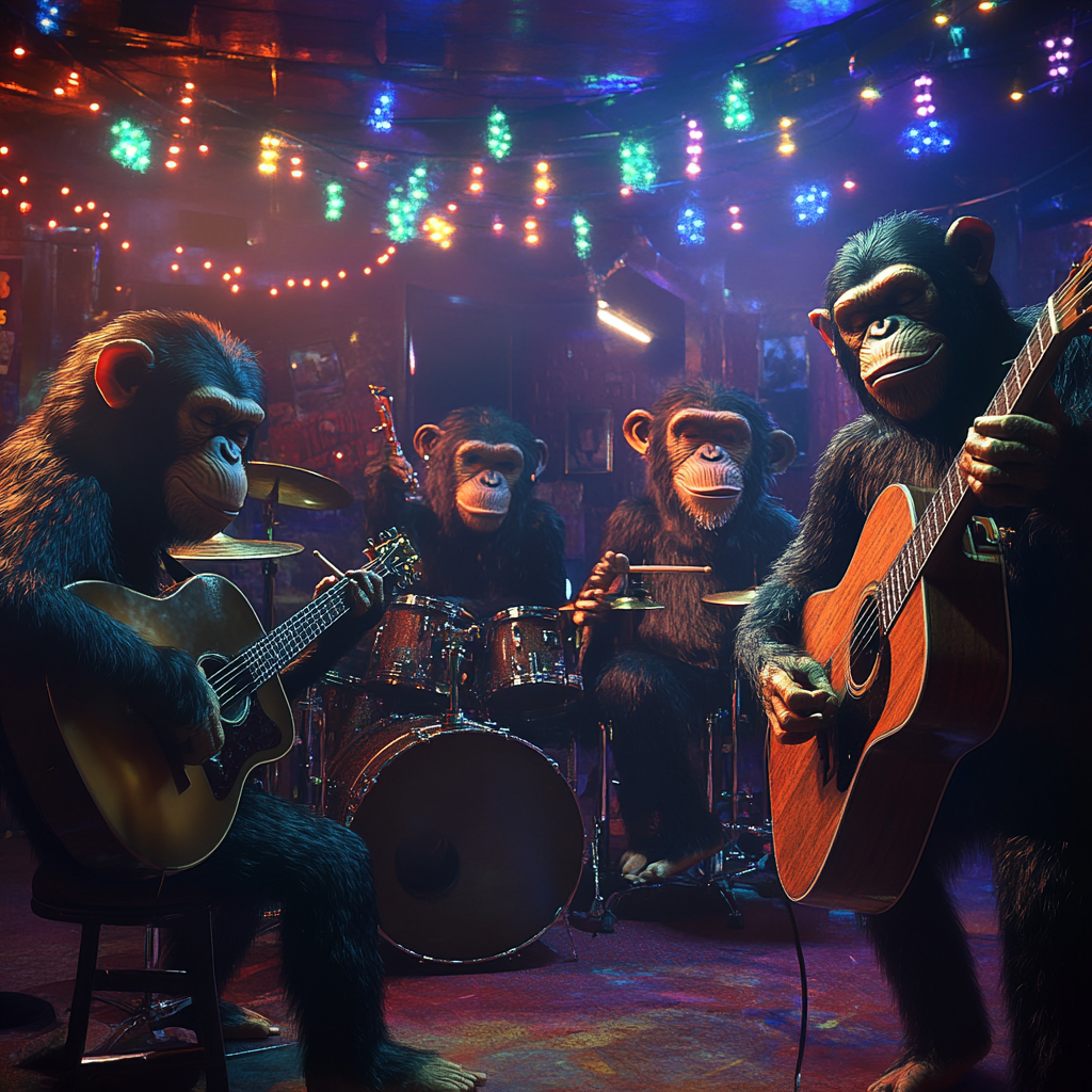 Four chimps rock band performing on colorful stage.