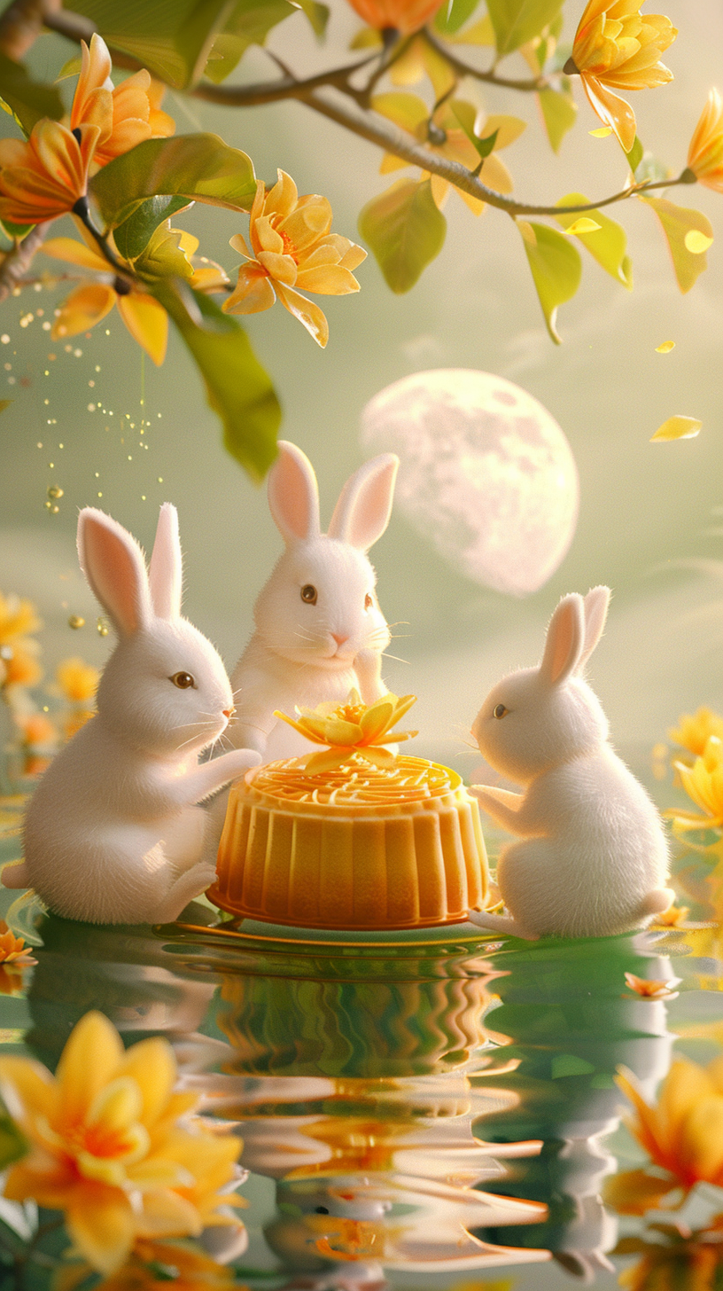 Four rabbits eating mooncake near osmanthus tree, calm water.