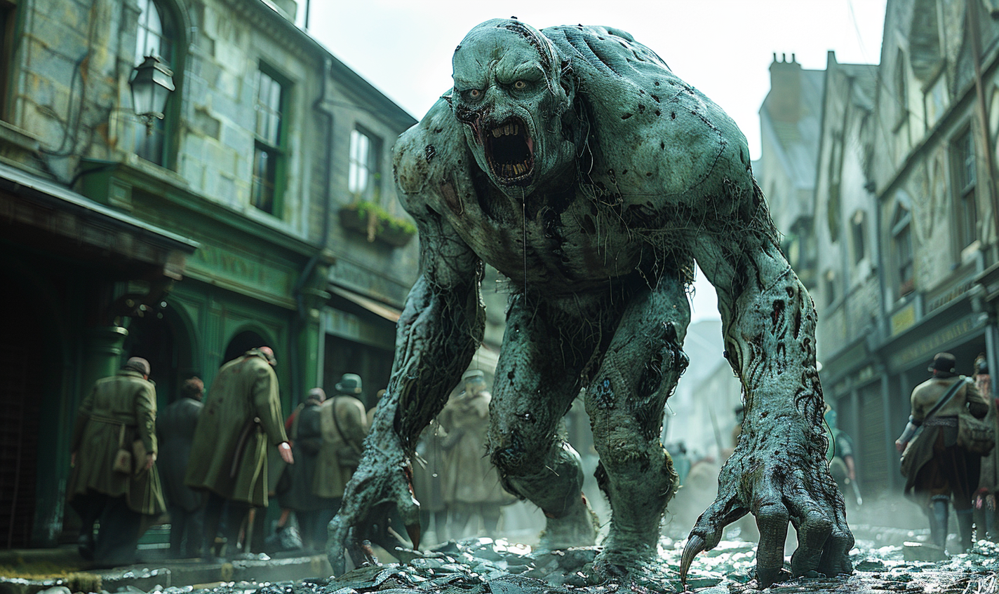 Frankenstein-like Creature Fights Angry Mob 18th Century Town