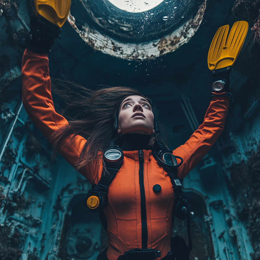 French brunette diving in sunken ship wearing orange drysuit.