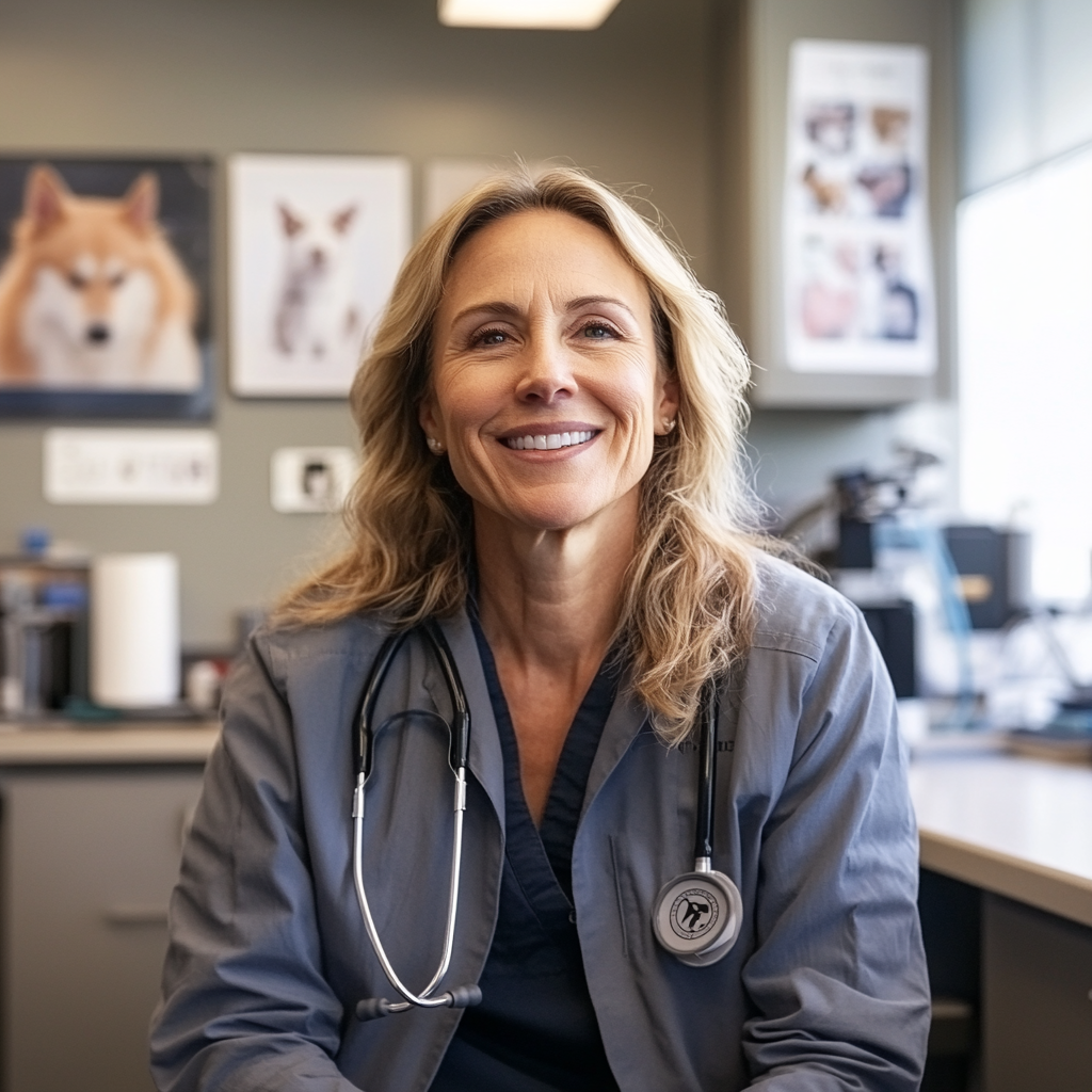 Friendly, professional veterinarian woman in modern, well-lit office.