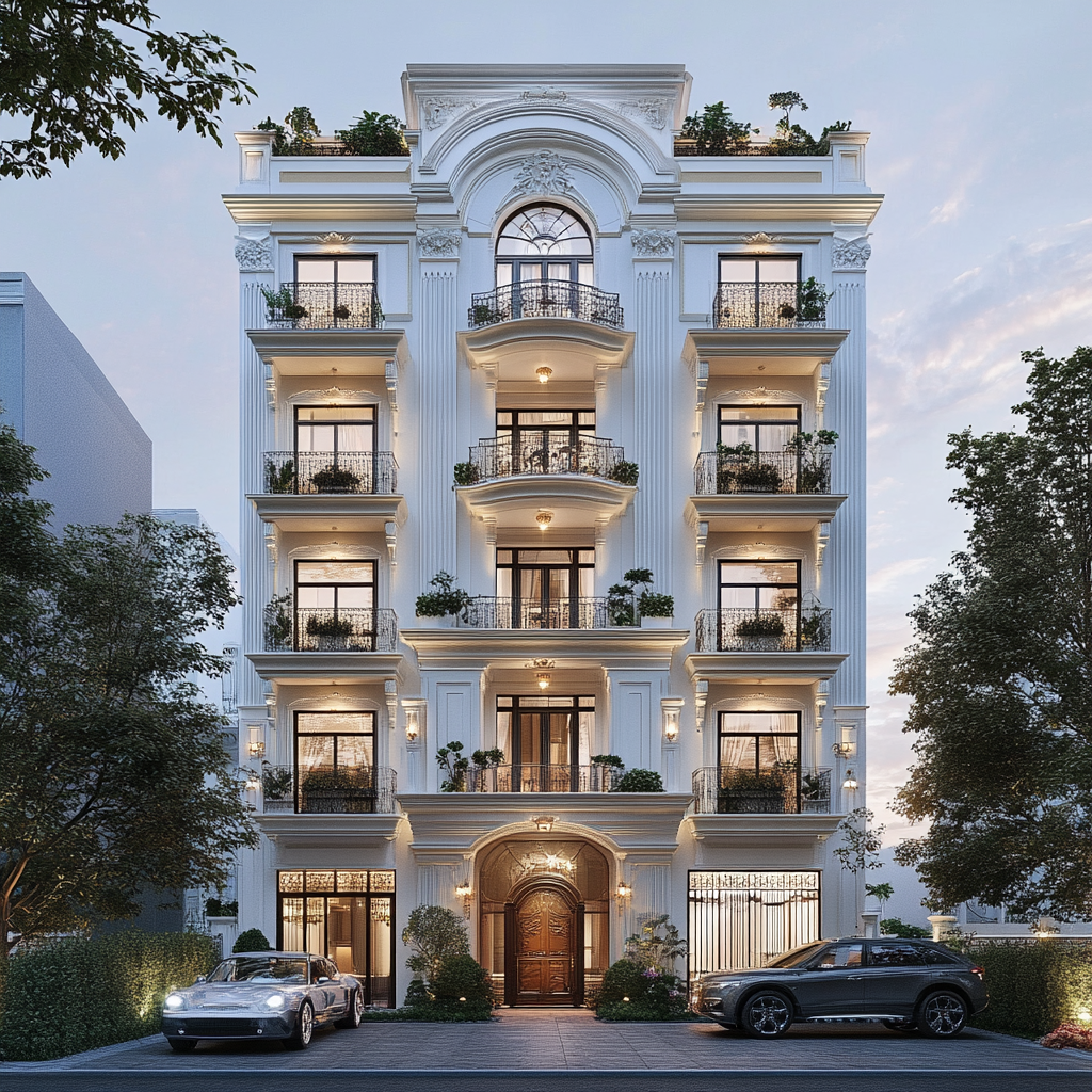 Front view of classical building with plants and balconies.