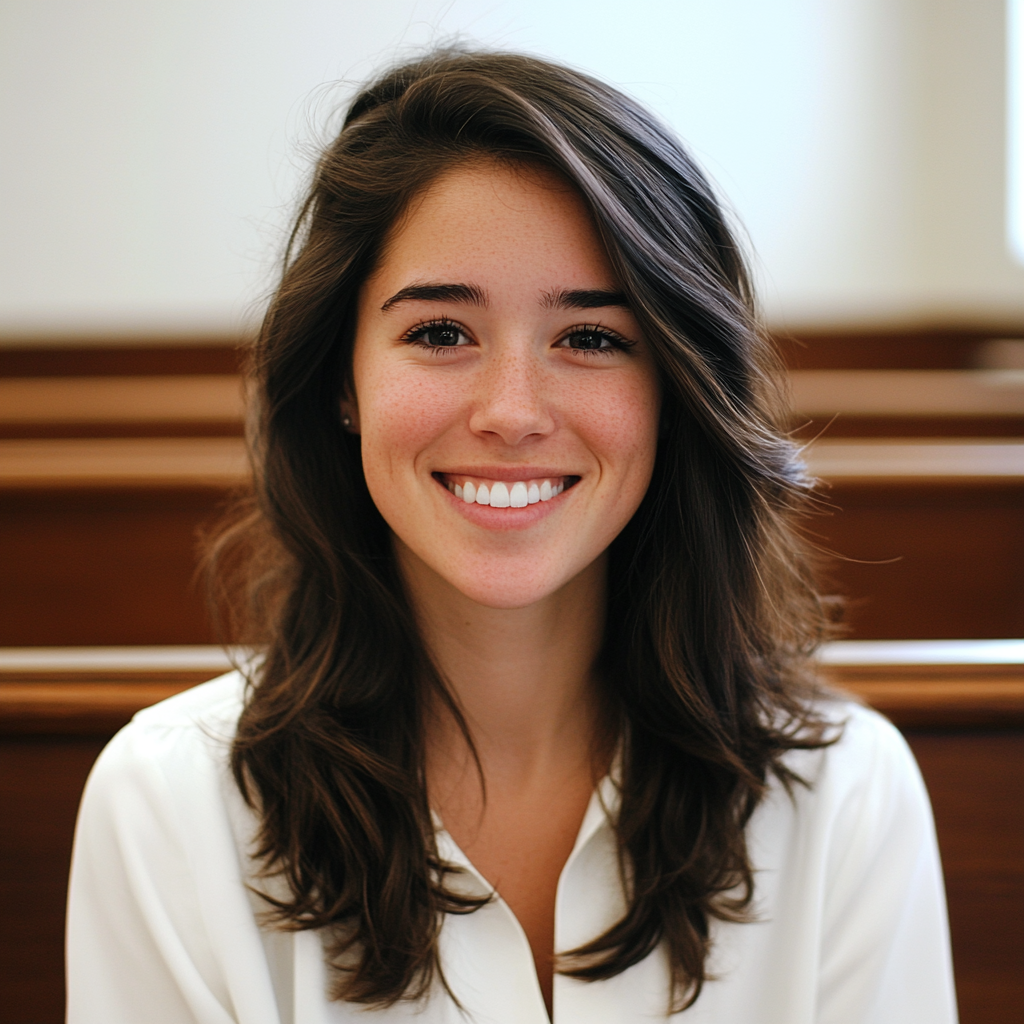 Frontal shot of smiling woman in courtroom setting.