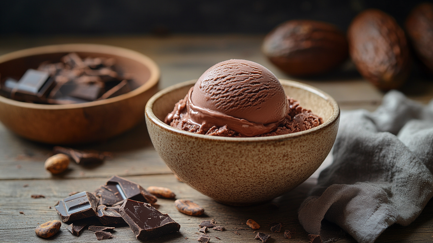 Frontal view bowl chocolate gelato on table