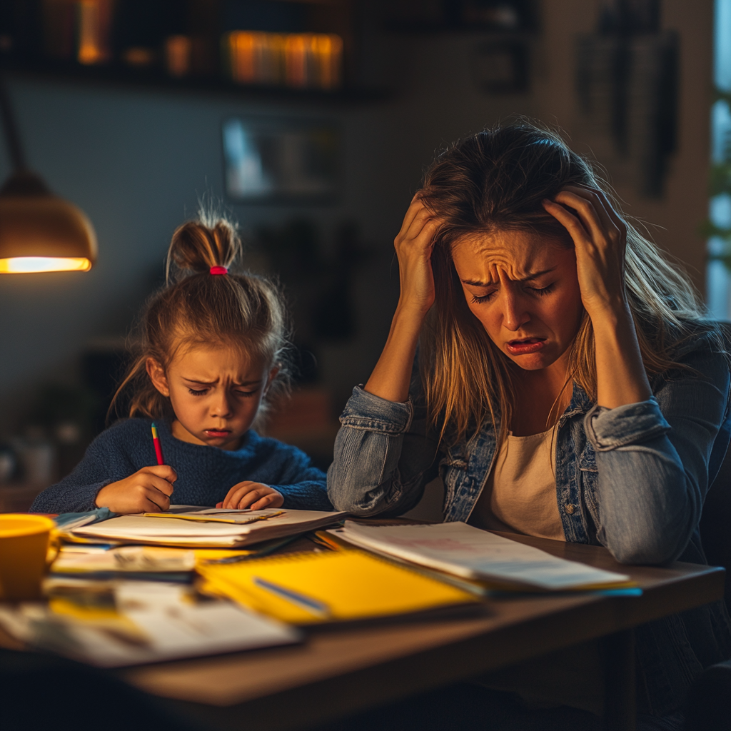 Frustrated Mother Helping Child with Homework Stressfully