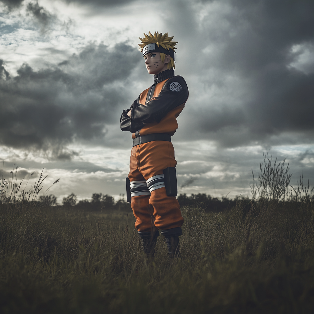 Full body Naruto standing arms folded field, dark fantasy, Sony A7R IV, 35mm wide-angle lens, realistic