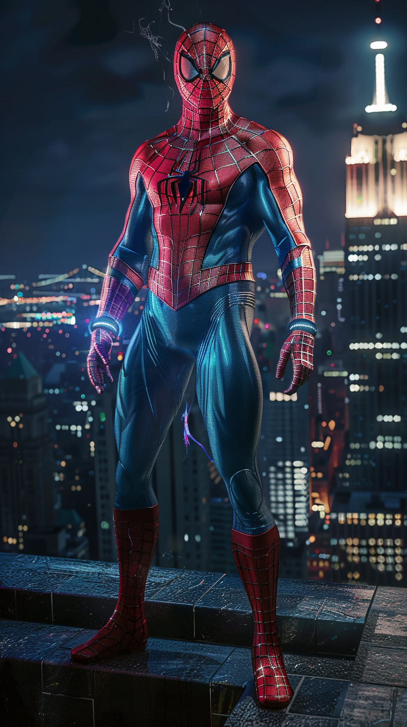 Full-body Spiderman standing heroically on New York rooftop at night.